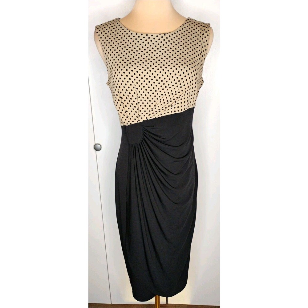 En Focus Studio Black/Beige Polka Dot Sheath Dress Sz 6 Ruched faux wrap